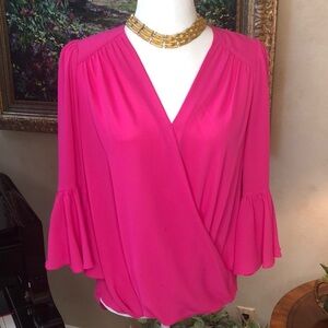 INC INTERNATIONAL CONCEPTS Faux wrap Pink Hi-Lo Blouse 3/4 Bell Sleeves sz Small